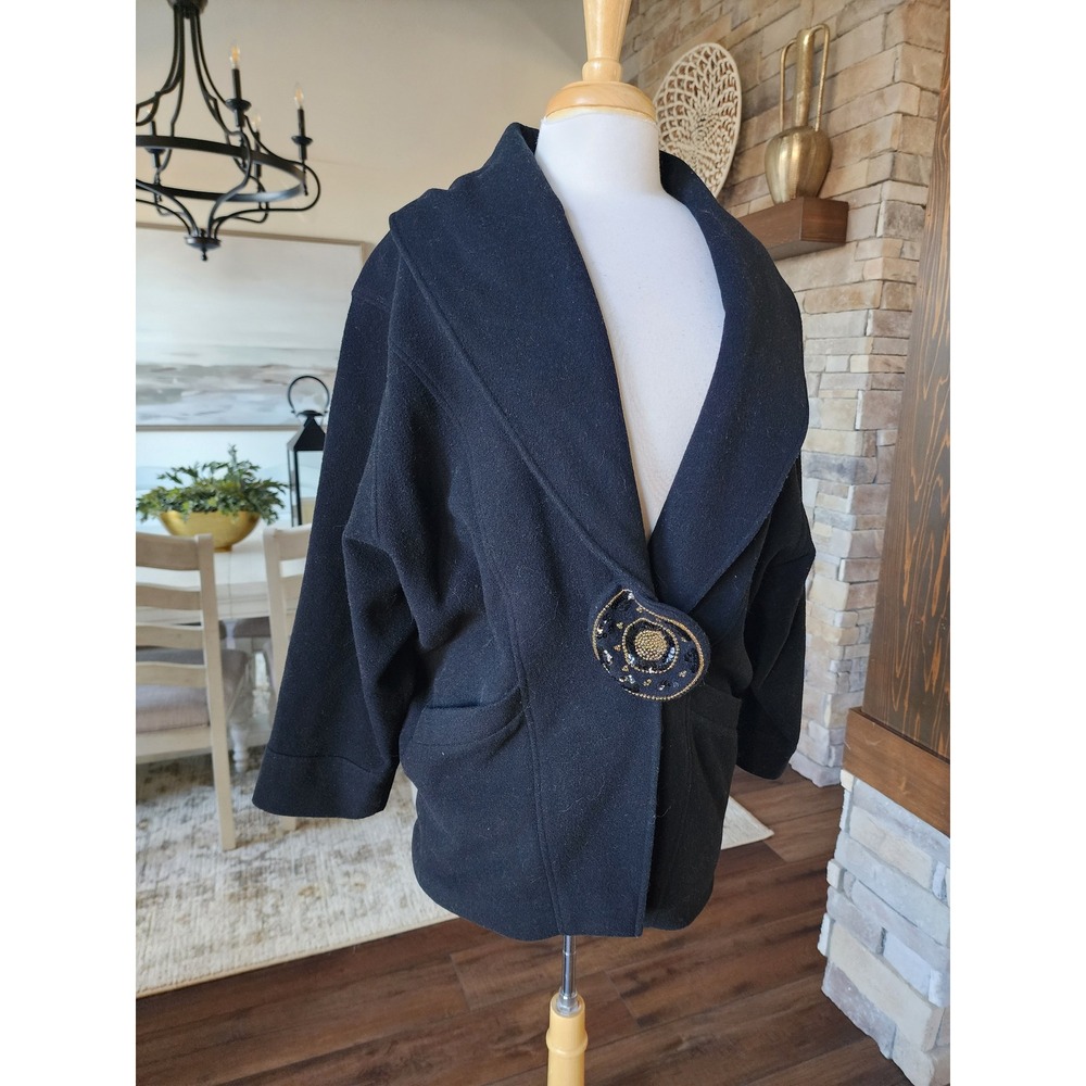 Vintage 80s Black‎ 100% Wool Batwing Sleeve Coat Cape Beaded Button Medium
